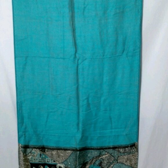 Cashmere Scarf Woven Turquoise Blue Black Metallic Gold Design Fringe Artsy Wrap - Picture 8 of 16